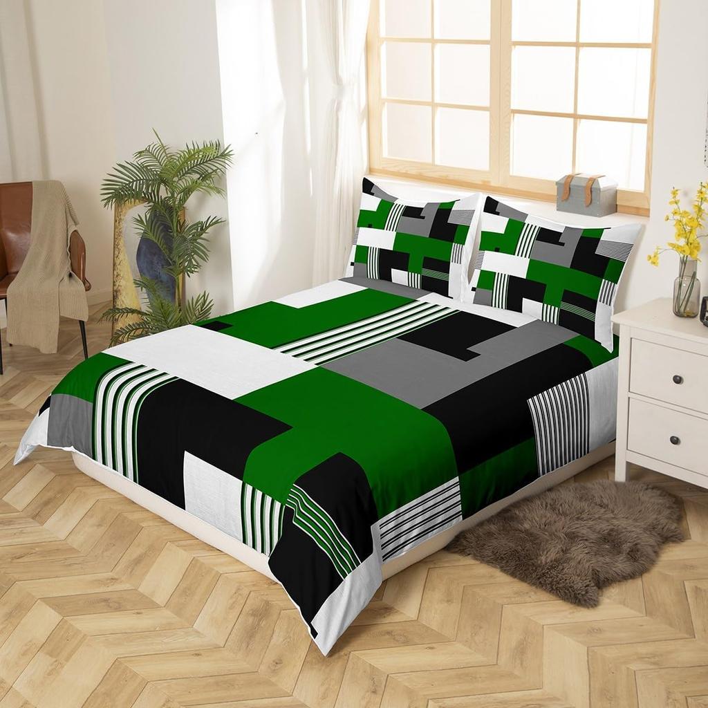 Feelyou Geometrisches Bettwäsche-Set Queen-Size Grün Schwarz Grau Bettbezug-Set für Jungen Mädchen Teenager Rechteck Quadrat Bettbezug Modern Abstrakt