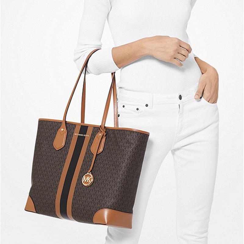 Michael Kors MK Eva Floral Logo Stripe Letter Color Block Open Tote Bag Women Tote Bags Acorn-Brown 30T9GV0T7B-BRN-ACORN