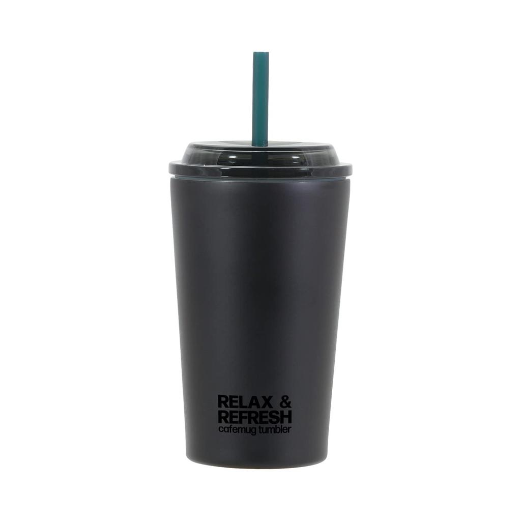 Pearl Metal Tumbler, Mug, Bottle, Cup, 400ml, Large, with Straw, Vacuum Insulated, Cold Keeping, Drip Coffee, Wide Mouth, Black, Cafe Mug, Straw