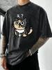 A Cat Full Of Doubts Design Washed TShirt Man Vintage Oversized Top Summer Cotton T Shirts Beach Vacation Mens Short Sleeves