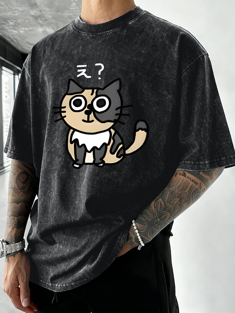 A Cat Full Of Doubts Design Washed TShirt Man Vintage Oversized Top Summer Cotton T Shirts Beach Vacation Mens Short Sleeves
