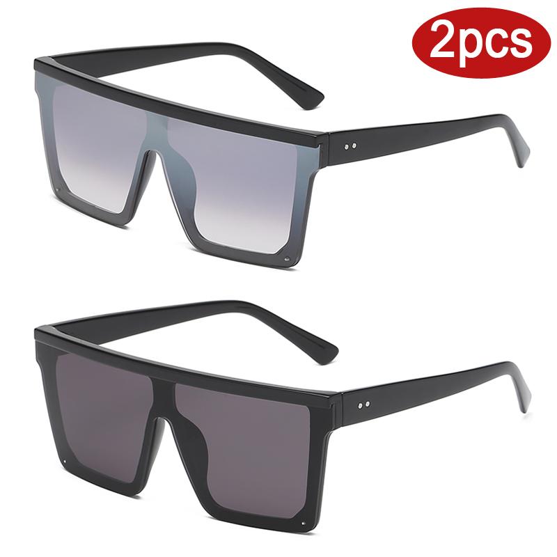 2pcs New Oversized Square Sunglasses Women Vintage Flattop One Piece Sun Glasses Fashion Gradient Shades For Female
