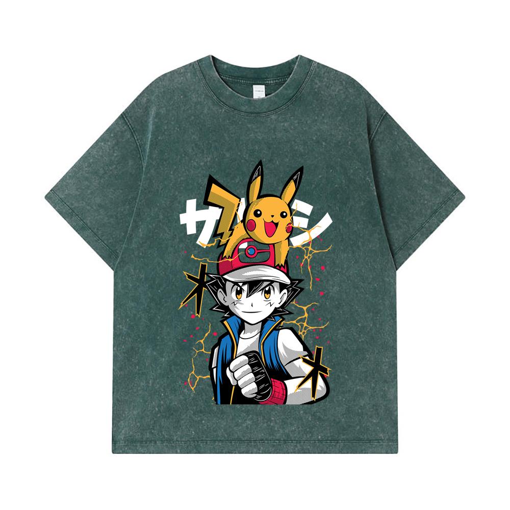275 GSM Gewaschene T-Shirts 100% Baumwolle Pokemon V2 Ash Print Unisex Schweres Baumwoll-T-Shirt