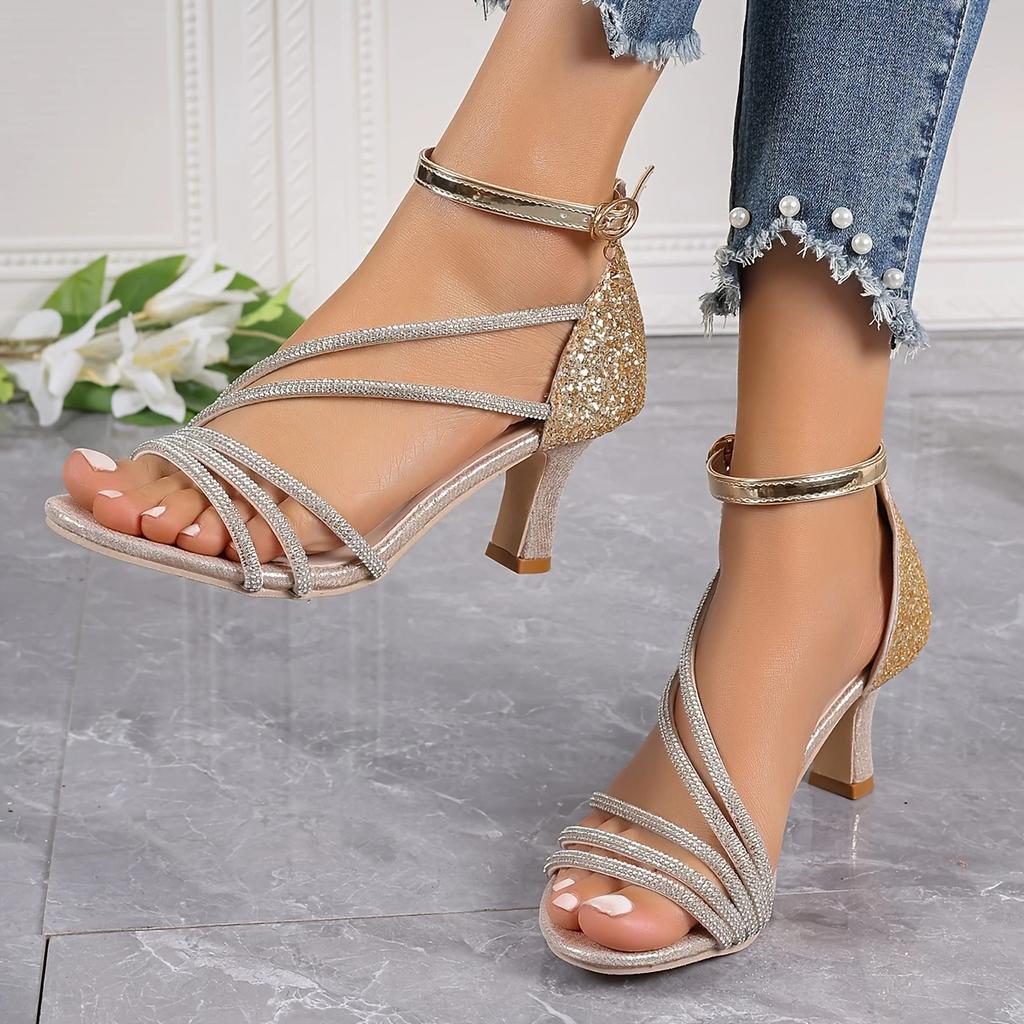 Women Sandals Summer 2025 Rhinestone Elegant Champagne Shoes High Heels Sandals Luxury Designer Shoes Women Zapatos De Mujer