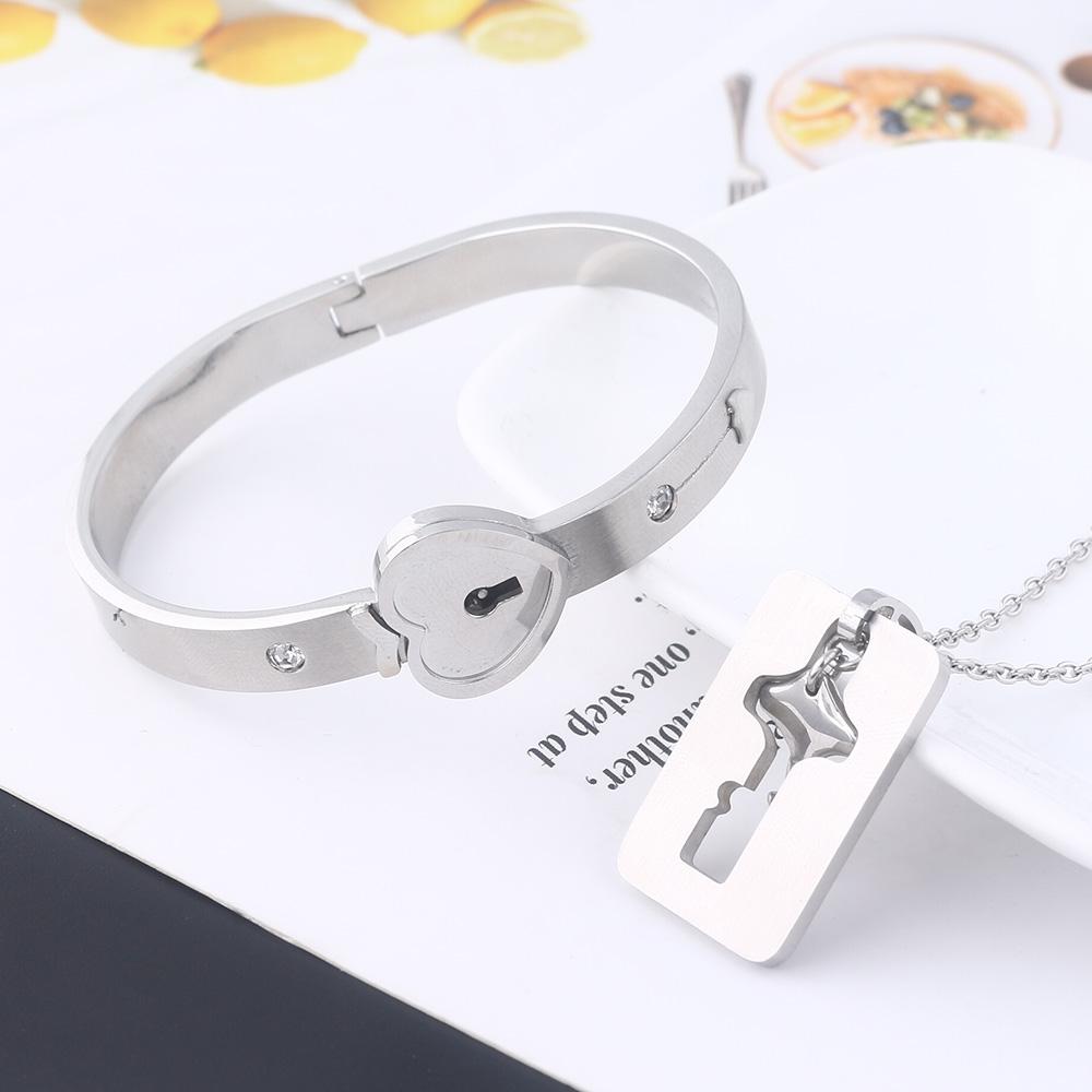 Couple Stainless Steel Bracelet Love Heart Lock Key Pendant Necklace For Women Men Valentine Gift Jewelry