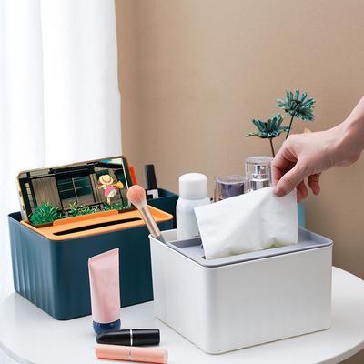 Double Storage Tissue Box - High Quality PP Material Desktop Storage Box with Pen Holder and Remote Control Slot for Office/Home