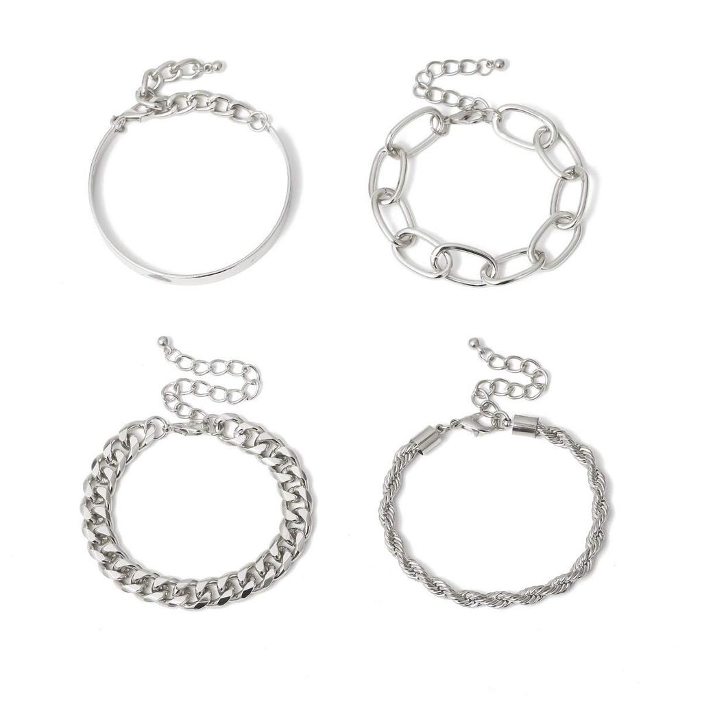 European & American Jewelry Alloy 4-Piece Set: Hip-Hop Cuban Bracelet & Punk Metal Twisted Rope Chain Cuff