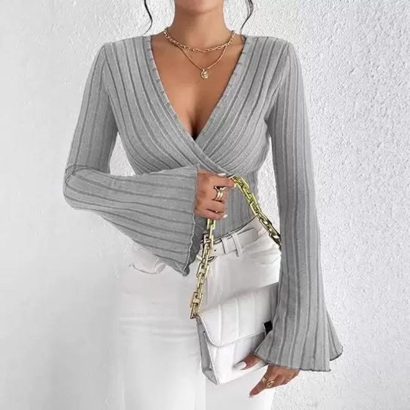 JKASHDK Women's Fashion Casual Spring Autumn Solid Color Print Long Sleeve V-Neck Blouses & Shirts