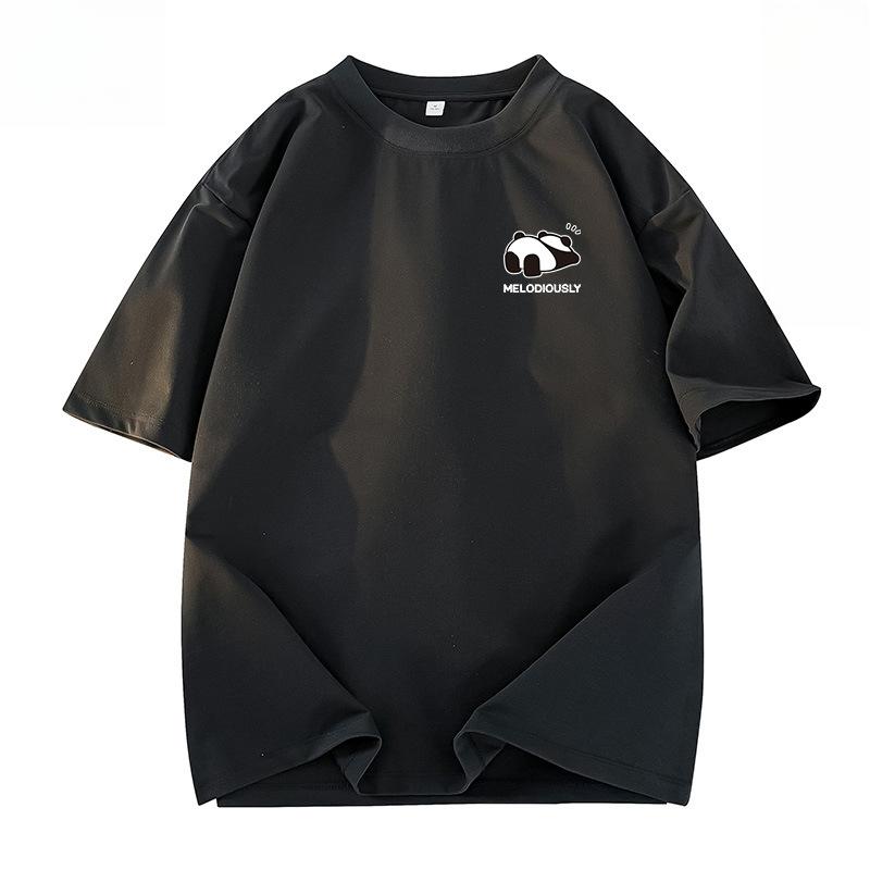 Sommerliches Baumwoll-T-Shirt mit lockerem Schnitt, Panda-Grafikdruck und Fünf-Minuten-Ärmeln