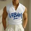 INCERUN Men Stand V Neck Sleeveless Letter Print Casual Rib Tank Tops 
