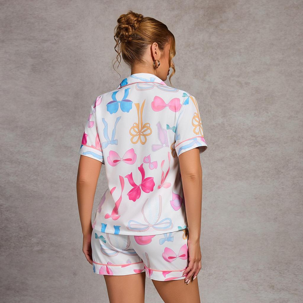 Summer Women Short Sleeve Top and Shorts 2 Piece Set Pajamas Female Fashion Casual Loose Sleepwear Bow Print Cardigan Pyamas Set