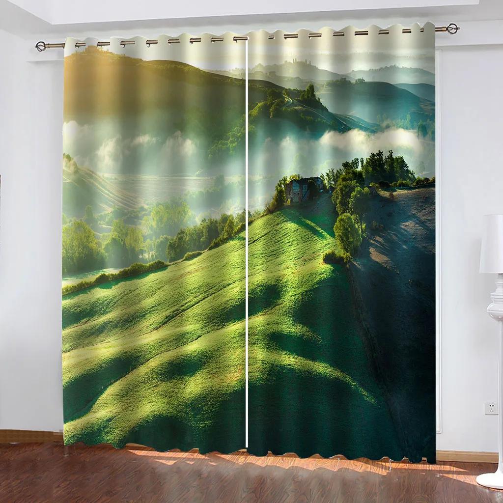 2PC Nature Landscape Theme Forest River Curtains for Bedroom, Balcony, Living Room, Green Forest Print  Curtain Window Drape