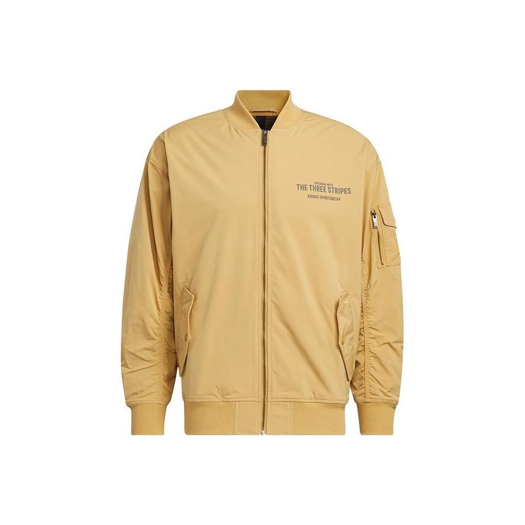 adidas Solid Color Printed Pilot Letter Zip-Up Stand Collar Jacket Men’s Khaki S