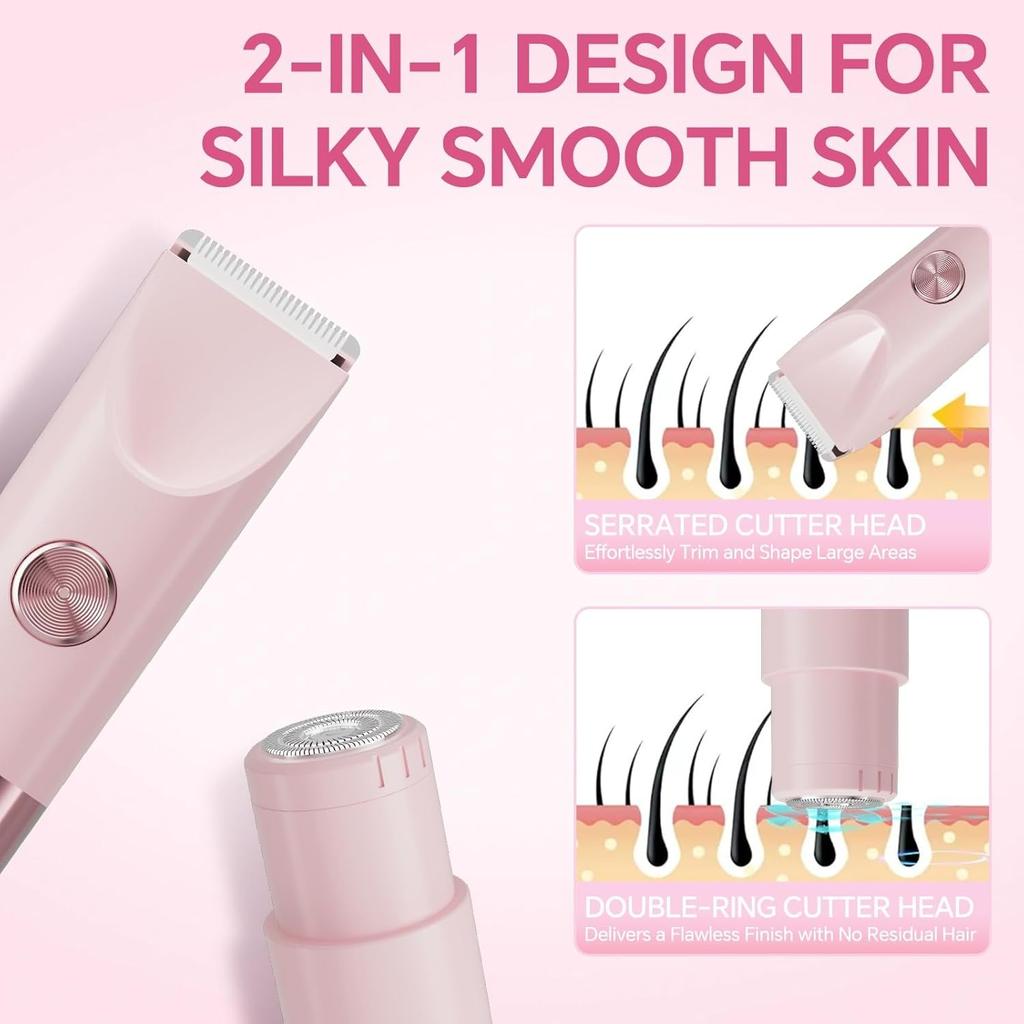 Bikini Trimmer for Women,Electric Razor for Women with Dual Head,Waterproof Rechargeable Pubic Hair Trimmer,Wet & Dry Use,Painless Shaver for Legs