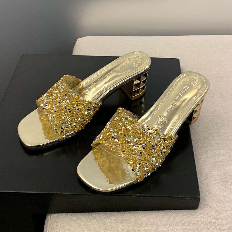 

Summer New Chunky Slippers Women Fashion Round Head Open Toe Sequin Cloth Slip-on Anti-slip Wear-resistant High Heels 36