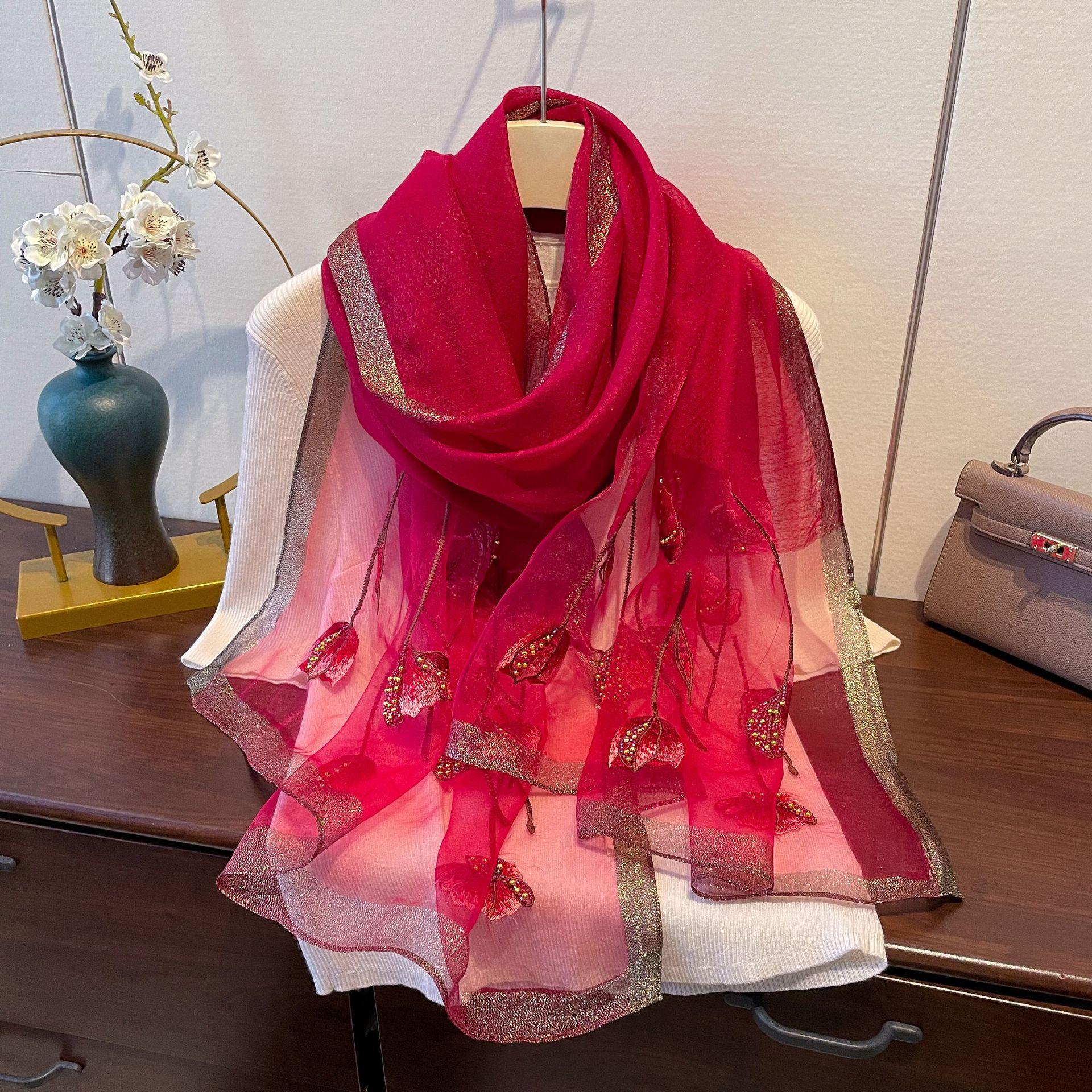 

Новый весенне-летний тонкий шарф из смесового шелка, осенне-зимний тонкий шарф для женщин, модный шарф с бисером и вышивкой, высококачественная шаль 180*70cm