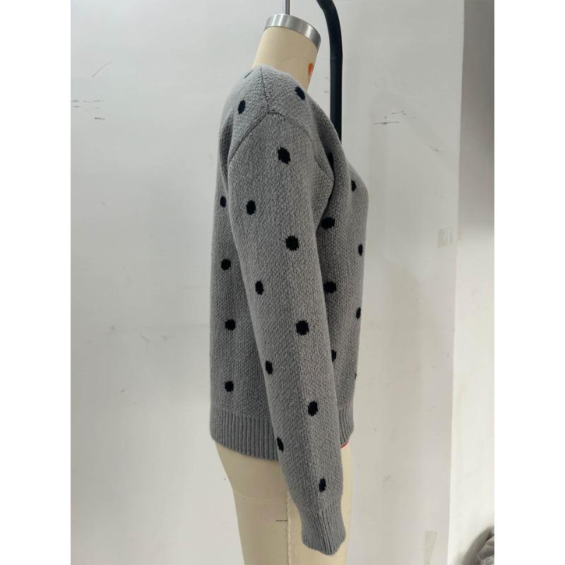 Women Loose Fit Long Sleeve Pullover Knit Sweater Polka Dot Jacquard