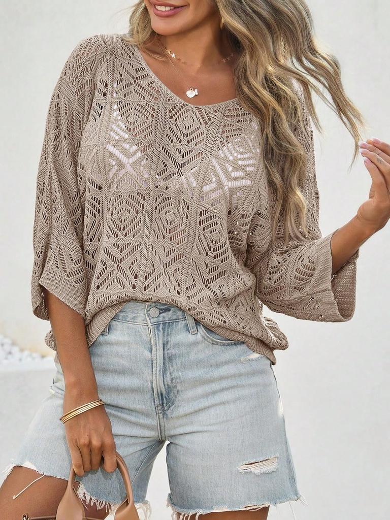 Women's Crochet Hollow Out Cover Up Top Off Shoulder Three Quarter Sleeve Mesh Beachwear