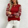 Womens Red Knit Sweater Crew Neck Long Sleeve Loose Fit Casual Fashion Top Fall
