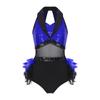 Damen Glitzernder Pailletten Farbblock Body Netz-Taille Feder Saum Ärmelloser Cutout Leotard