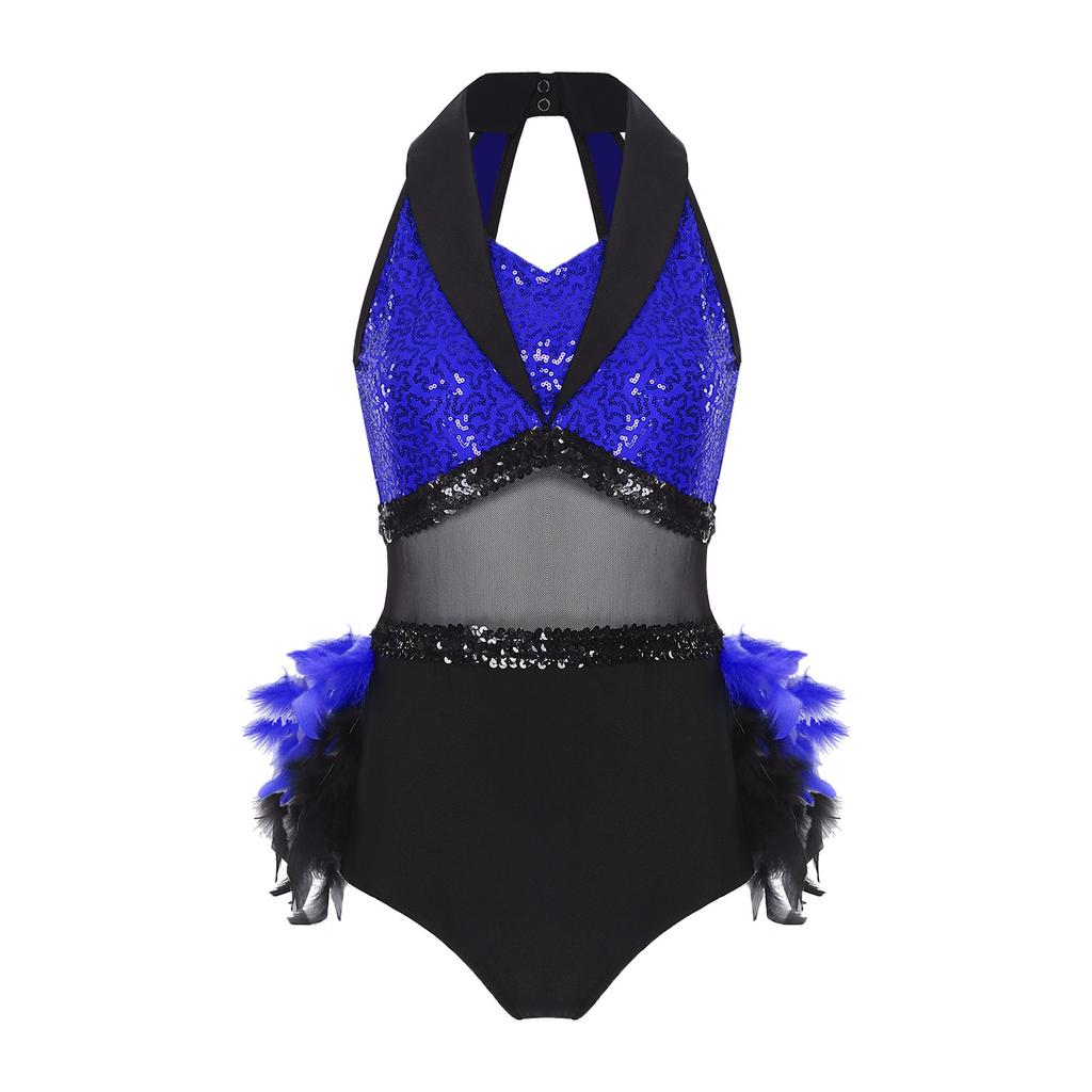 Damen Glitzernder Pailletten Farbblock Body Netz-Taille Feder Saum Ärmelloser Cutout Leotard
