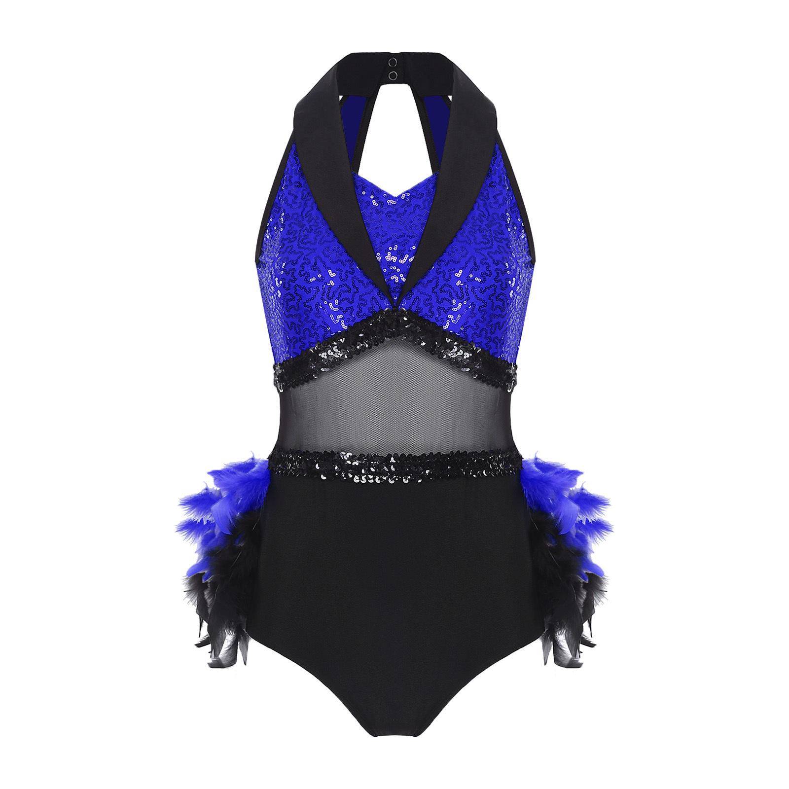 

Womens Shiny Sequin Color Block Bodysuit Mesh Waist Feather Hem Sleeveless Cutout Leotard S королівський синій колір