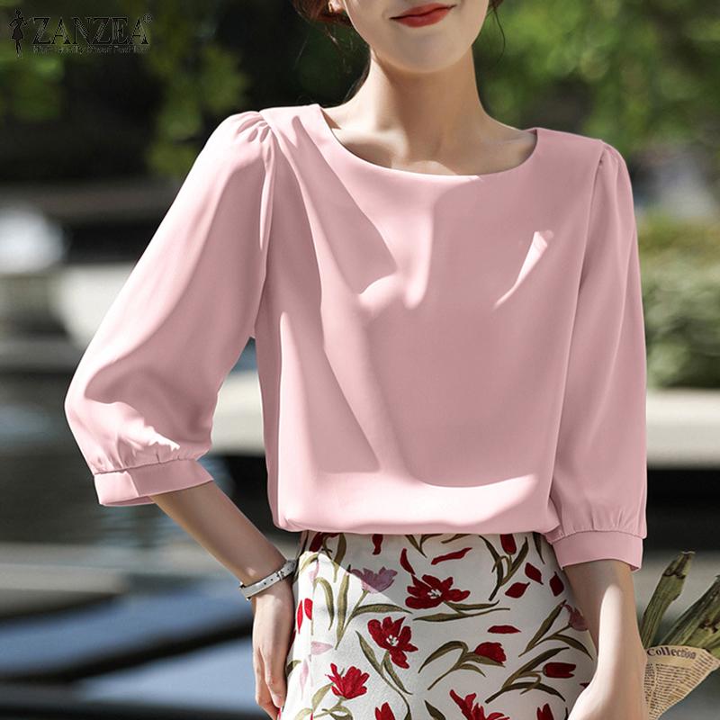 

ZANZEA Женская летняя однотонная свободная блузка с круглым вырезом и рукавами 3/4