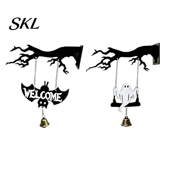 Halloween Door Decoration Ghost Swing Bat WELCOME Wind Chime, Bell with Vintage Copper Front Hanging Tag Bells, Rustic Wooden Ornament for Haunted