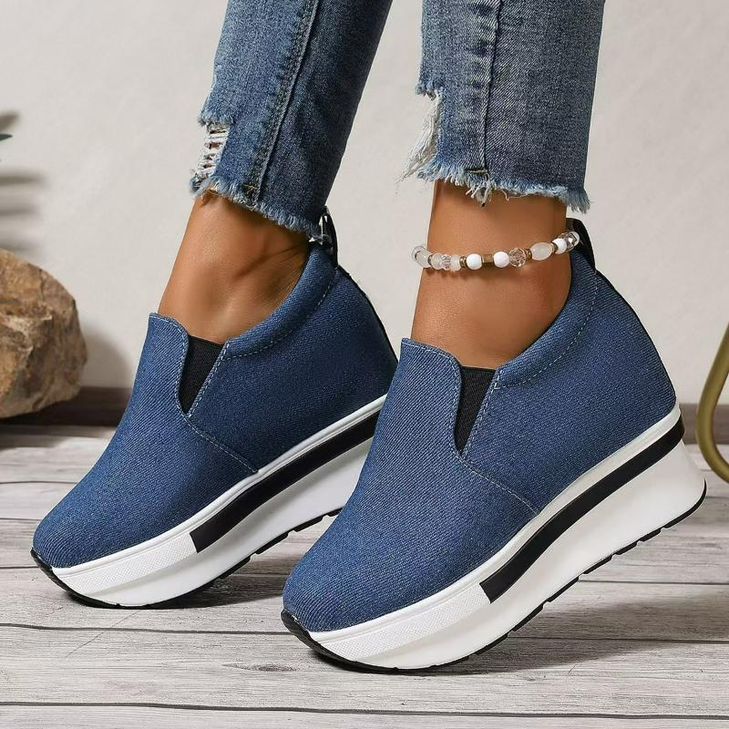 Fashion Women Platform Shoes Height Increasing Wedges Shoe Classic Denim Canvas Shoes Slip on Vulcanize Shoes Low-top Sneakers for Women
