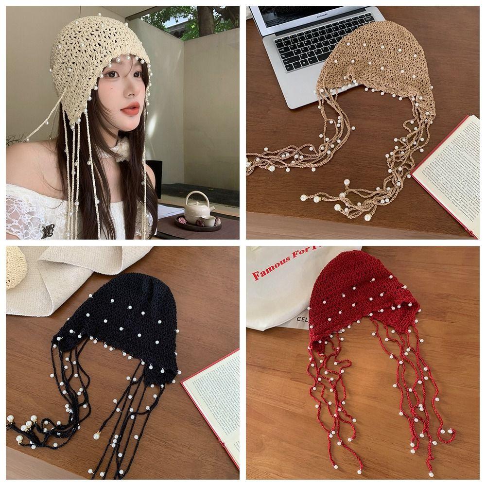 Crochet Flower Hollow Pearl Tassels Knitted Hat Beanies Ethnic Style Hat Cute Knit Cap Girls