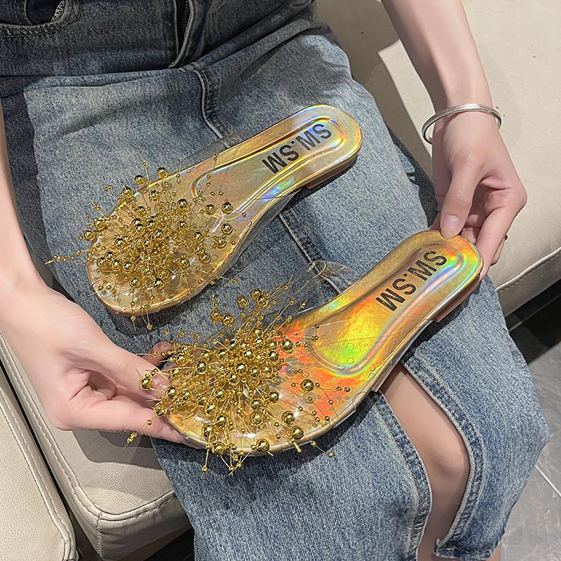 Модные ПВХ Прозрачные Жемчужные Сандалии Женские Летние Кружевные Фиолетовые Серебристые Мюли Шлепанцы Женские Блестящие Цветочные Уличные Тапочки 35 золотой