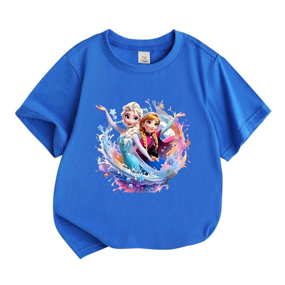 Kids Boys Girls Crew Neck Short Sleeve 100% Cotton T-Shirt, Cute Ice Princess Sisters Printed Casual Summer Soft Breathable Tee Tops for Children Dail