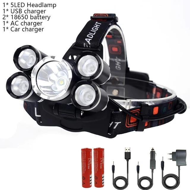 Led Aluminum Alloy Headlamp Fishing Charge Headlamp 5 * T 6 Charge Torch Headhunter Camping Flashlight 18650 Battery