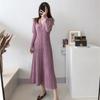 Knitted Dress for Women In Spring Solid Color Casual A-line Long Dress Long-sleeved Casual V-neck Sweater Dress