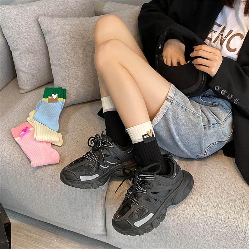 Japanese Style Women Y2K Girl Cotton Crew Socks Harajuku Sweet Love Label Colorblock Ribbed Knit Middle Tube Calf Socks
