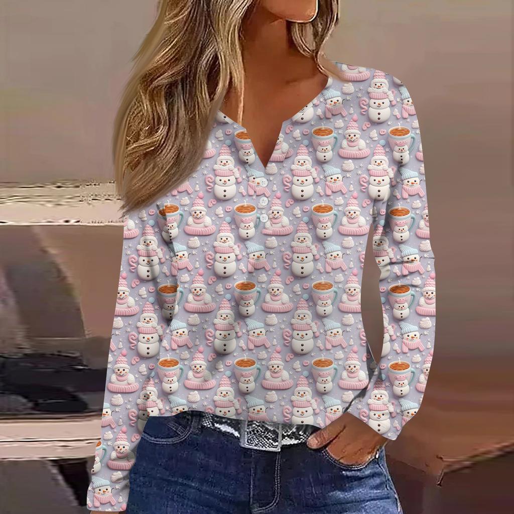 Women's Fashion Casual V-Neck Button-Up Long-Sleeve T-Shirt With Christmas Print Top