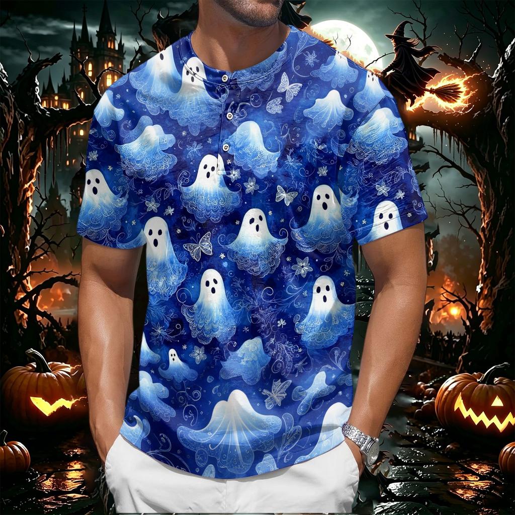 Men's Halloween Short Sleeve Henley Shirt Pumpkin and Bat Print Casual Lightweight Breathable Top for Seasonal Wear