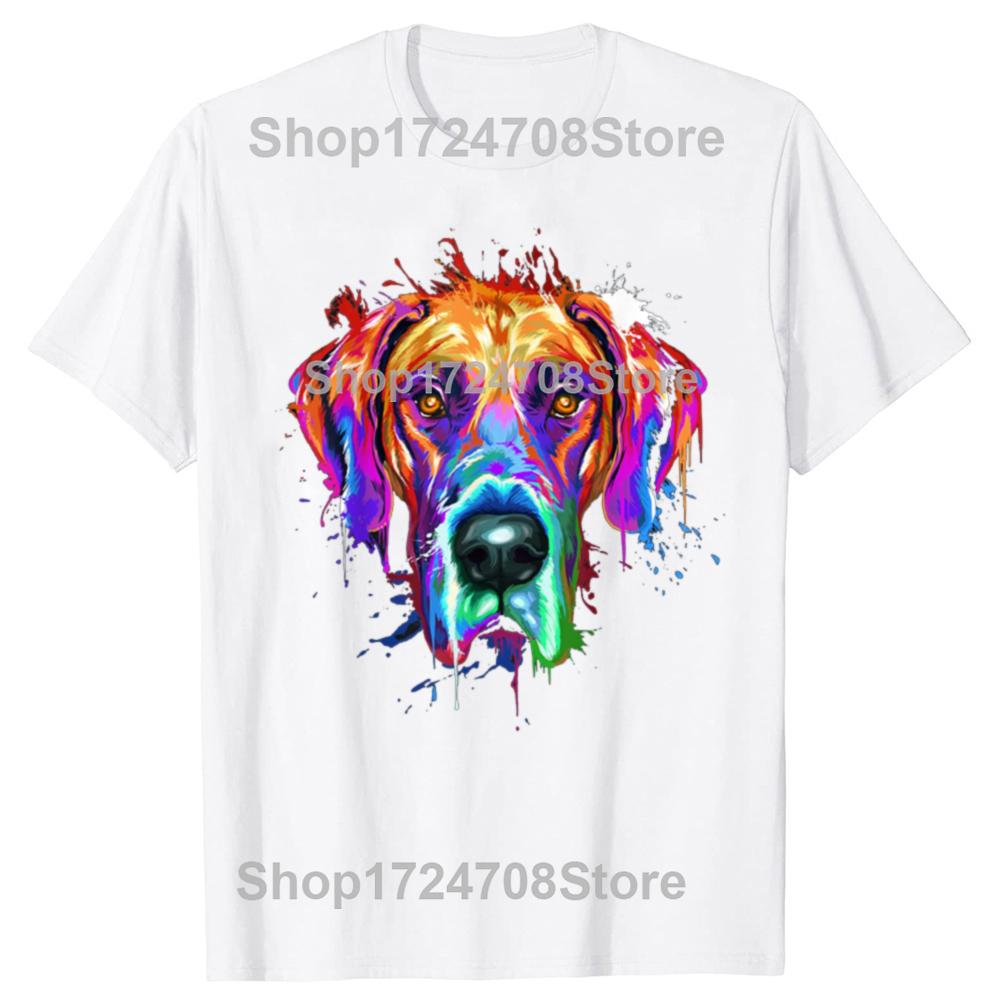 Lustige Dogge Splash Art Bunte Grafik T-Shirts Herren Damenmode Lässiges T-Shirt 100% Baumwolle Locker Übergroßes T-Shirt