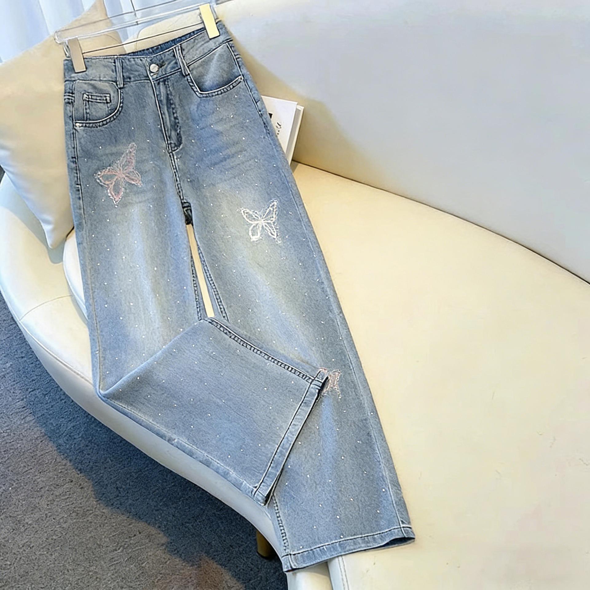 Women s Rhinestone Butterfly Embroidered Straight-Leg Jeans - 2026 Spring Versatile Slimming Casual Pants Large