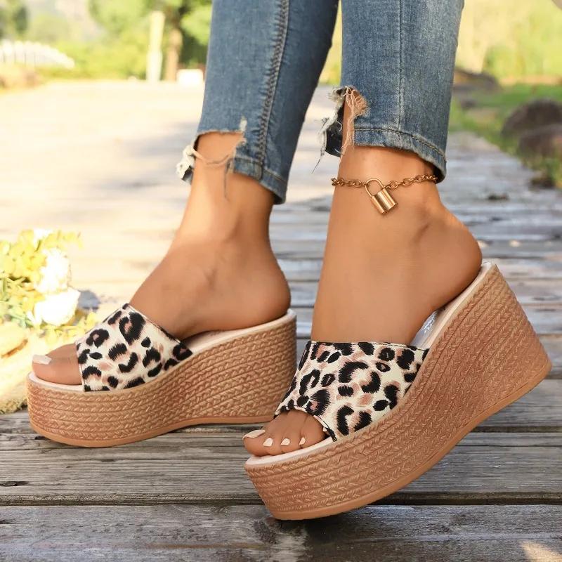 Women's Shoes Peep Toe Women's Slippers Fashion Leopard Print Casual Slippers Women New Plus Size Platform Slippers 34-43