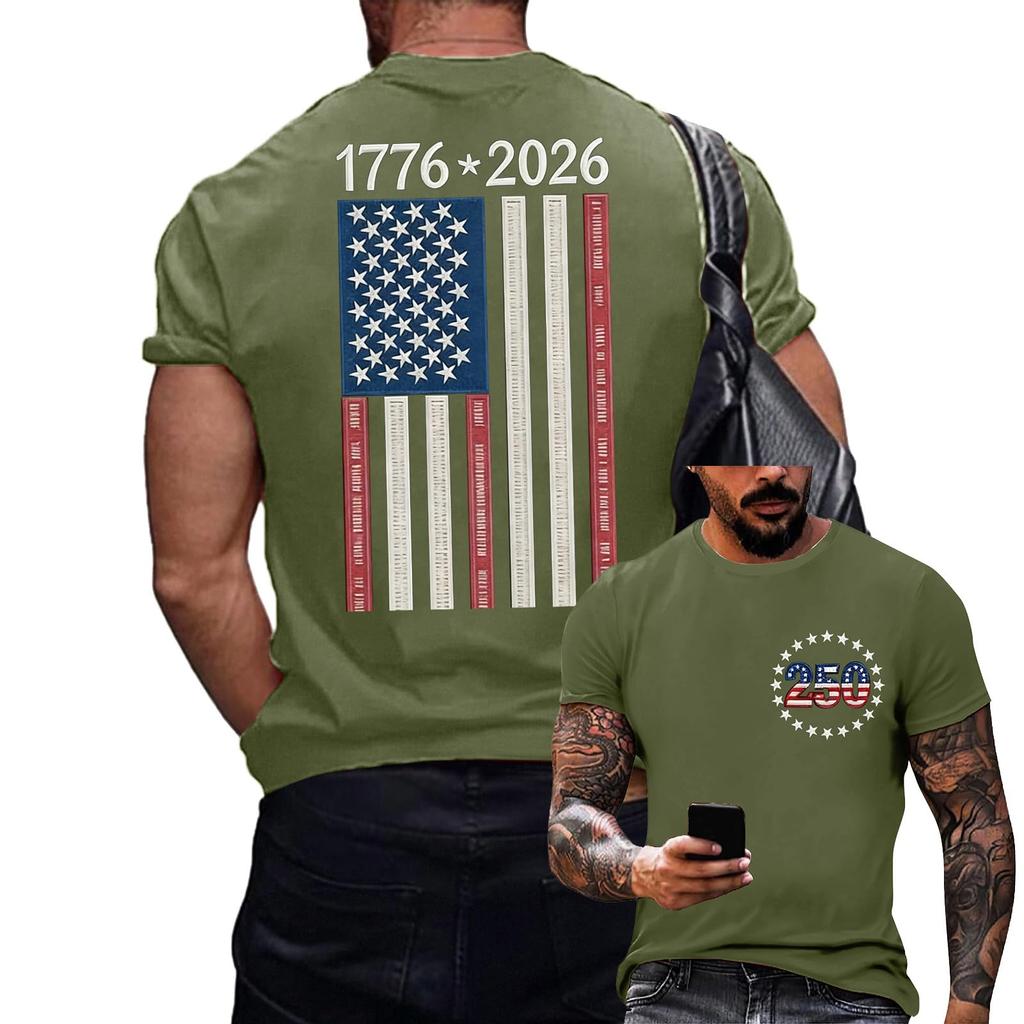 Men's Crew Neck Short Sleeve T Shirt with Printed Graphic Design 1776 2026 and Vertical Flag Pattern Casual Loose Fit Top