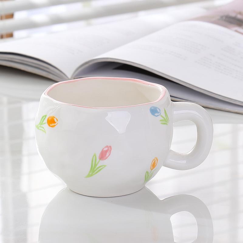 

High value relief flower coffee cup saucer afternoon tea floral striped mug latte cup hand painted water cup 300ml тюльпан кольору