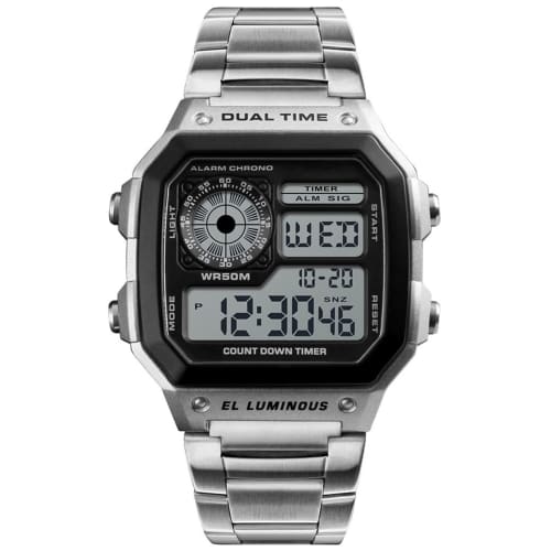 USWATCH Fashion Sports Stainless Steel LED Digital Alarm Chronograph Waterproof Multifunction Men's Quartz Watch, Silver, Chronograph, Digital, Quartz