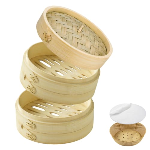 Our proprietary, in-house developed bamboo steamer with a slatted base, 21cm, two-tier steamer, lid, and 30 sheets of paper (20 flat sheets, 10 tart s