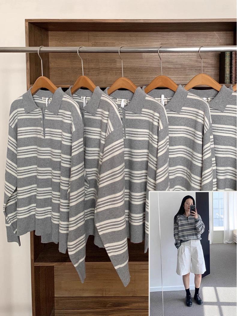 

Женская корейская ретро поло-рубашка в полоску - Осень 2025 Пуловер с длинным рукавом и отложным воротником One Size