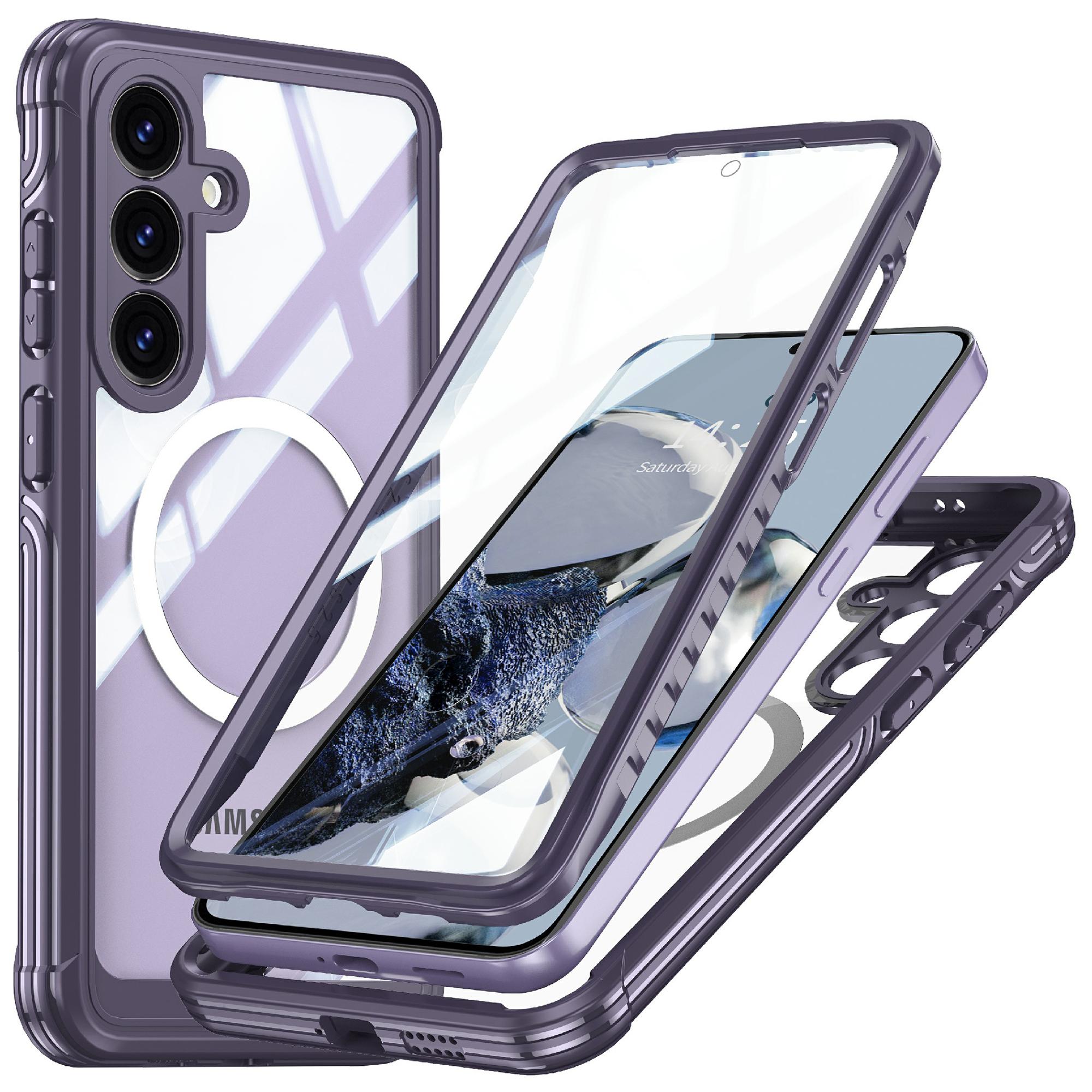 

For Samsung Galaxy S25 Magnetic Case PC+TPU Phone Cover with Tempered Glass Screen Film Purple