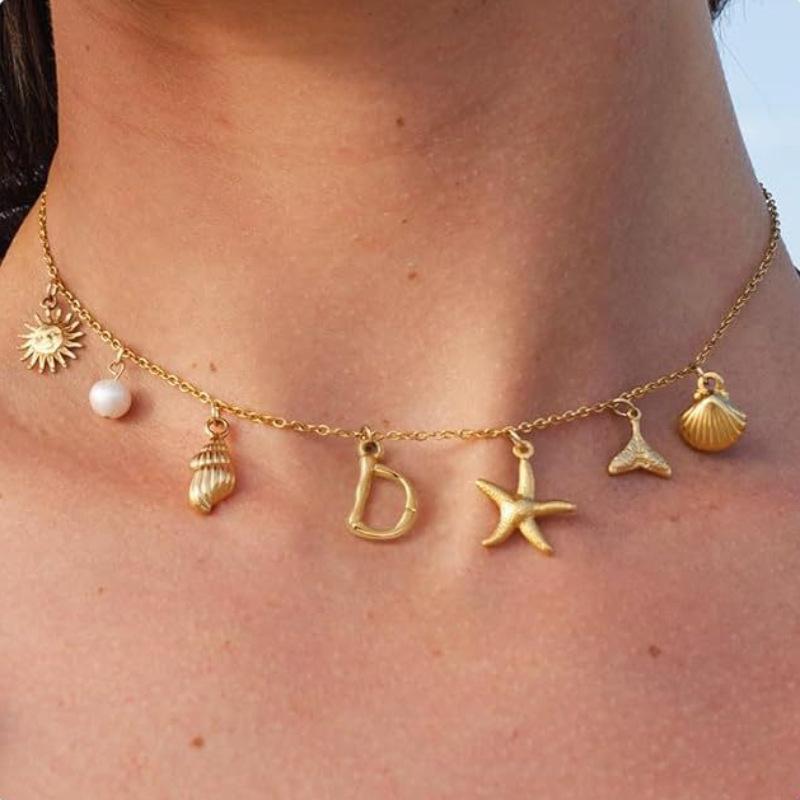 Charm Gold Color A-Z Pendant Alphabet Choker Necklace Women Shell Conch Starfish Initial Letter Necklaces Boho Beach Jewelry