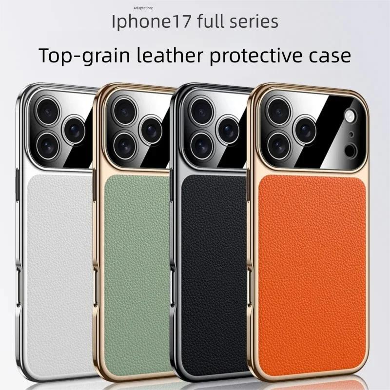 Premium Full Grain Leather Case For iPhone 17 Air Pro Max Luxury Cover Electroplating Frame