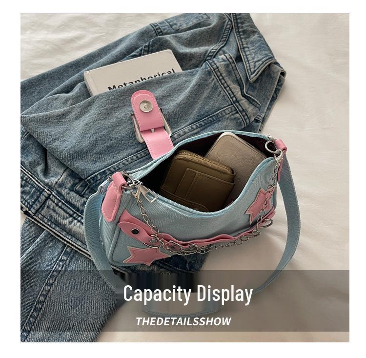 Modna jeansowa torebka na ramię z łańcuszkiem i nitami w kształcie gwiazdy dla kobiet - Jesień 2025