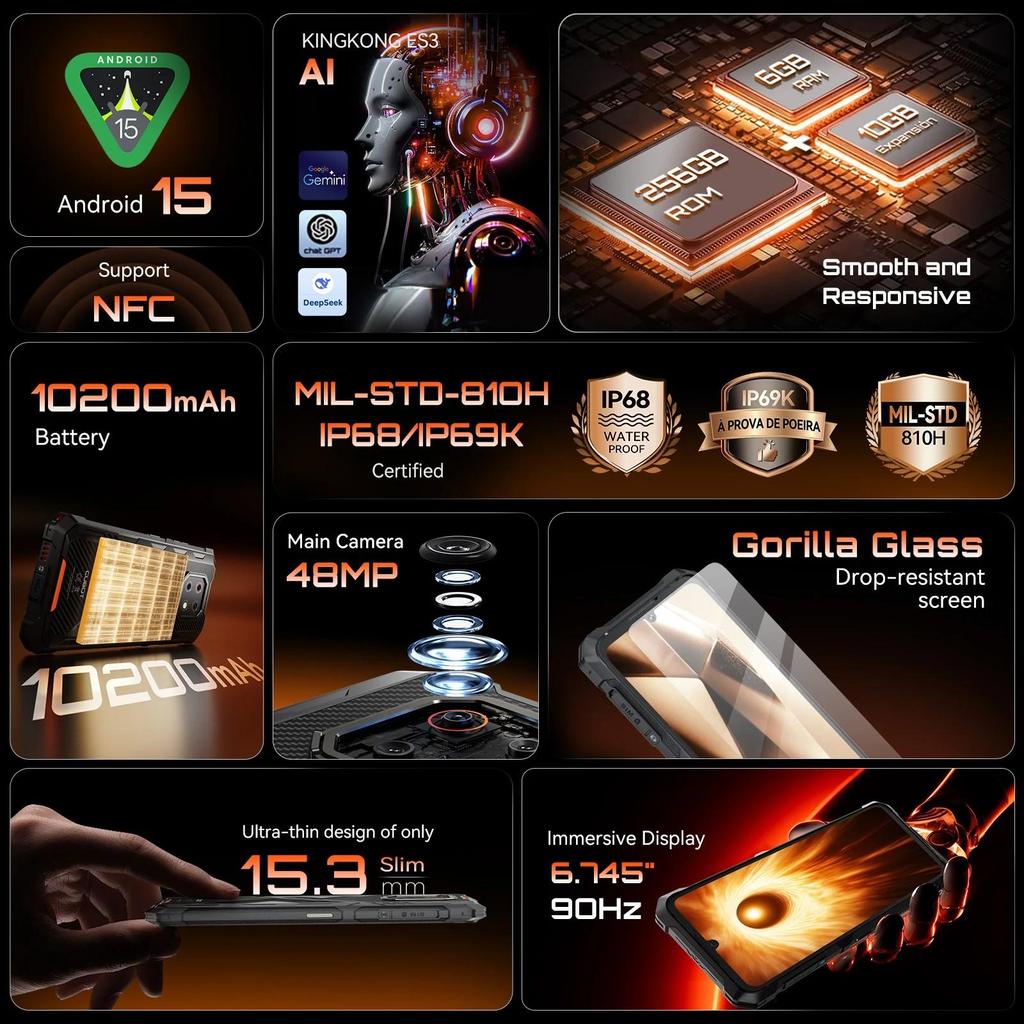 Tynn Robust Smartphone Cubot KingKong ES 3, Android 15, NFC, 10200mAh Massivt Batteri, 6GB RAM, 256GB ROM, 6.745-Tommers 120Hz Skjerm